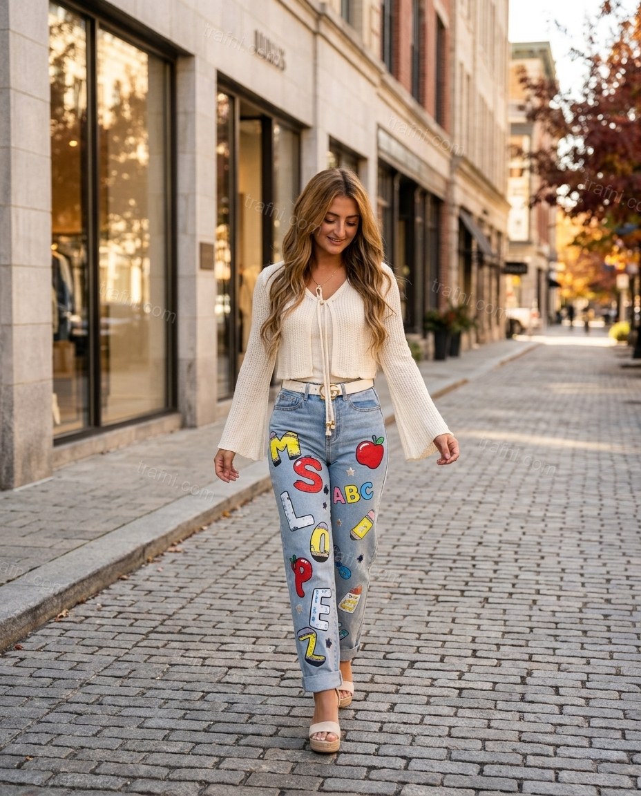 Light Blue Denim Ribbed Cardigan & Pants Set, three-quarter brand lifestyle view, by trafni.com