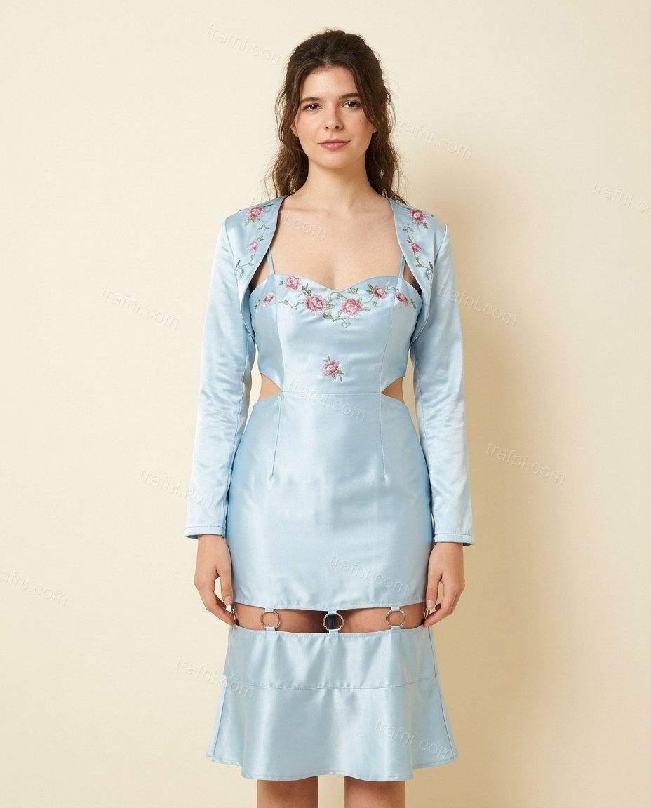 Light Blue Floral Mini Embroidered Dress, full-length hero view, by trafni.com