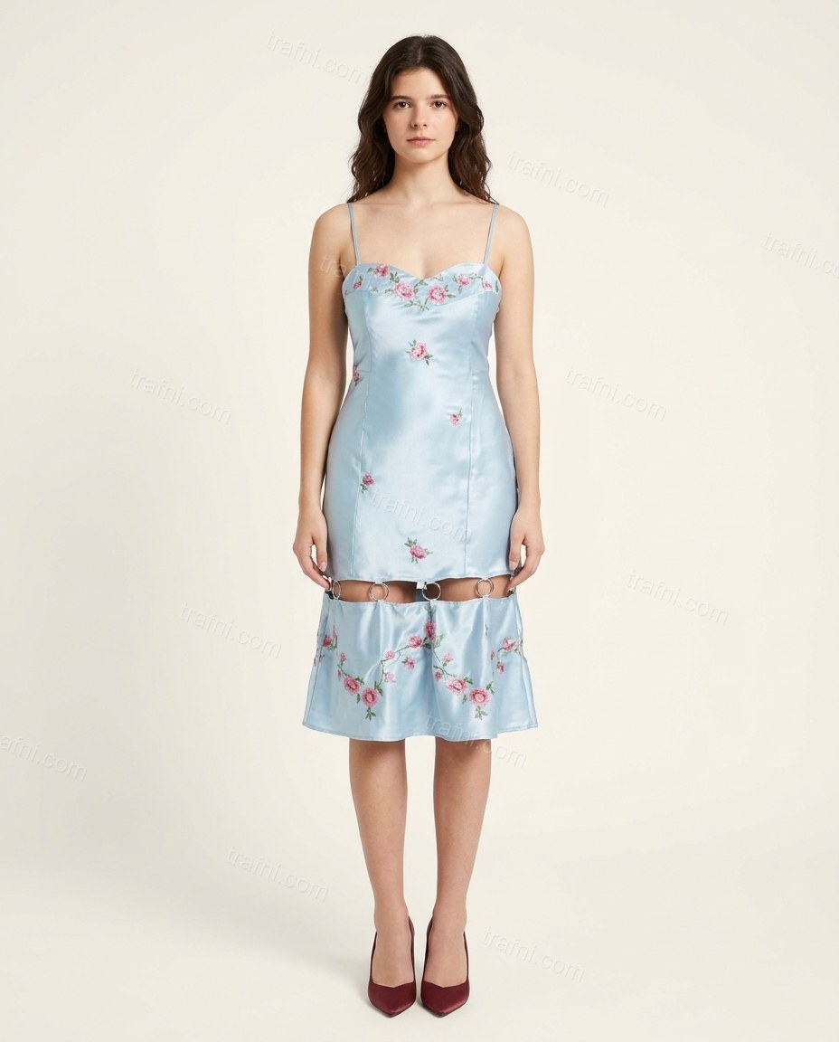 Light Blue Floral Mini Embroidered Dress, front studio view, by trafni.com