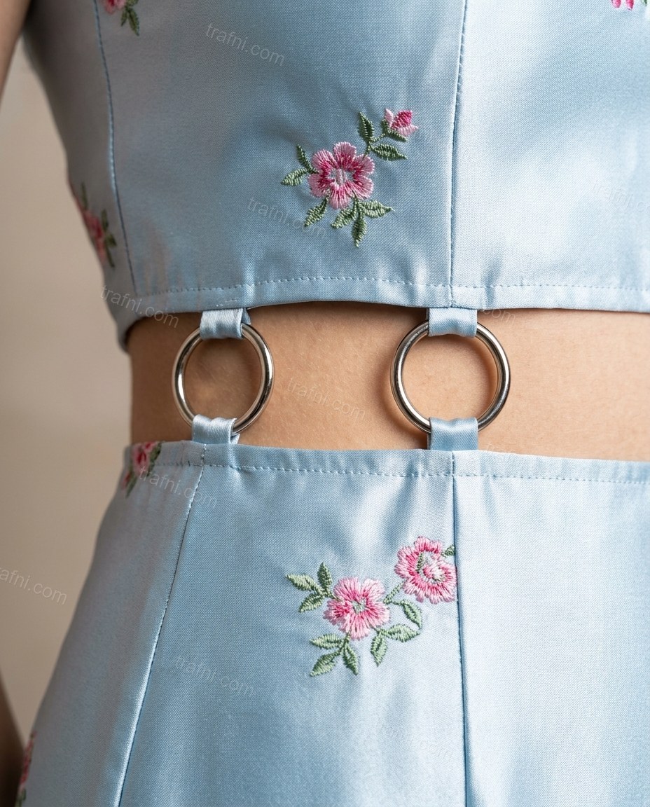 Light Blue Floral Mini Embroidered Dress, close-up of floral, by trafni.com