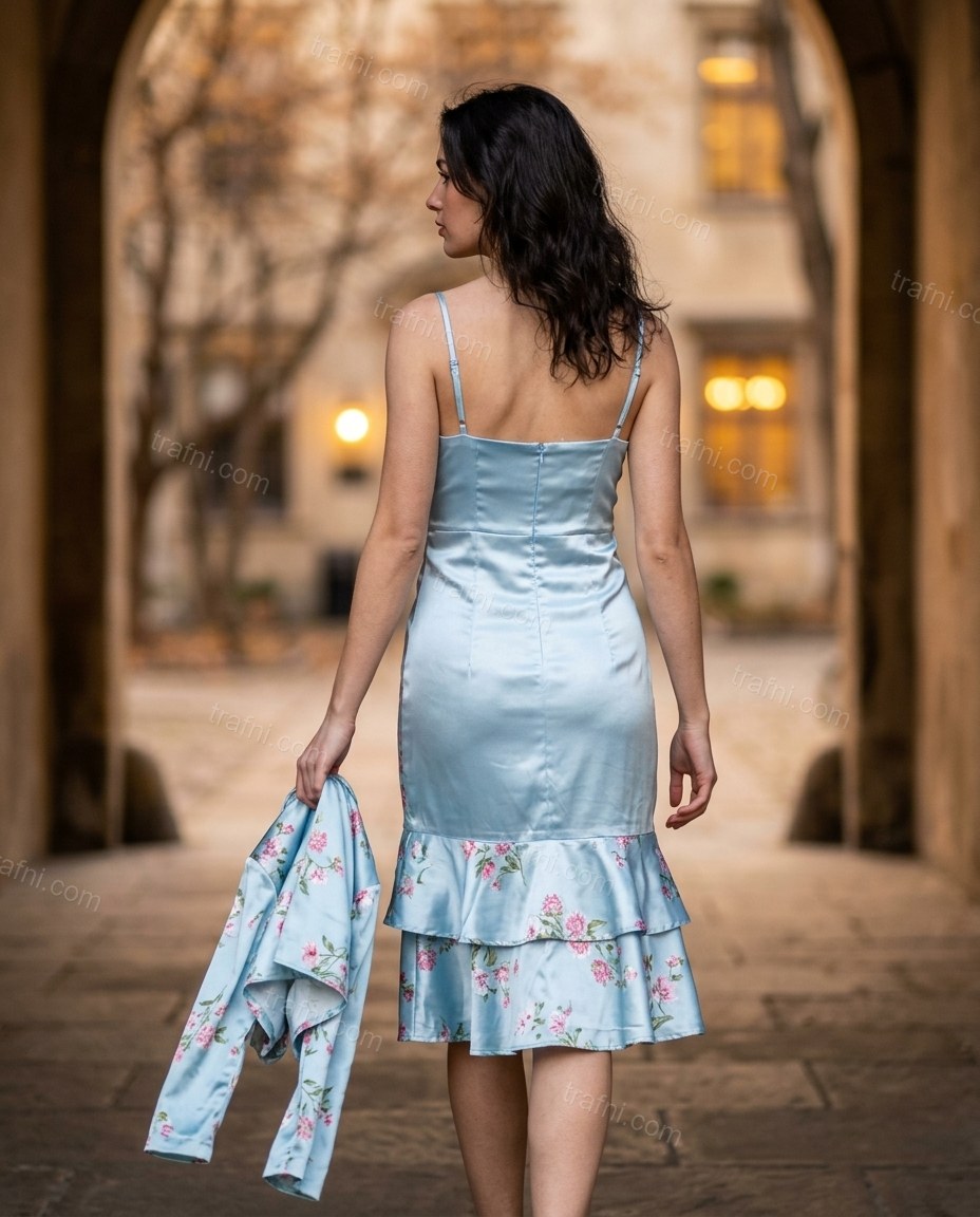 Light Blue Floral Mini Embroidered Dress, walking lifestyle view, by trafni.com