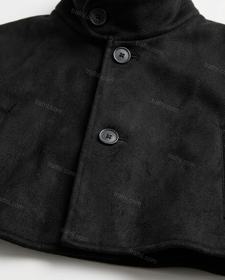 Black Jacket, close-up of button closure, stand collar and dropped shoulders, by trafni.com