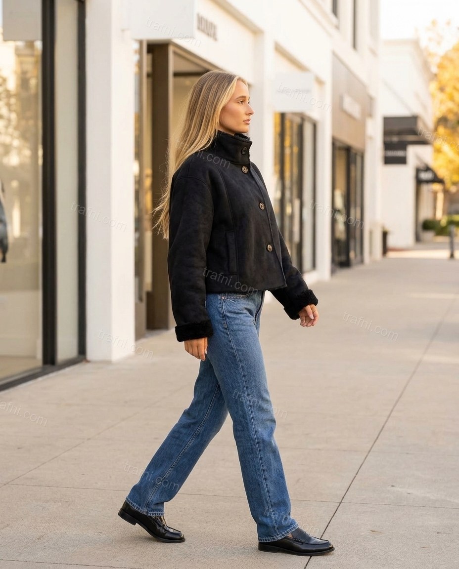 Black Jacket, walking lifestyle view, by trafni.com