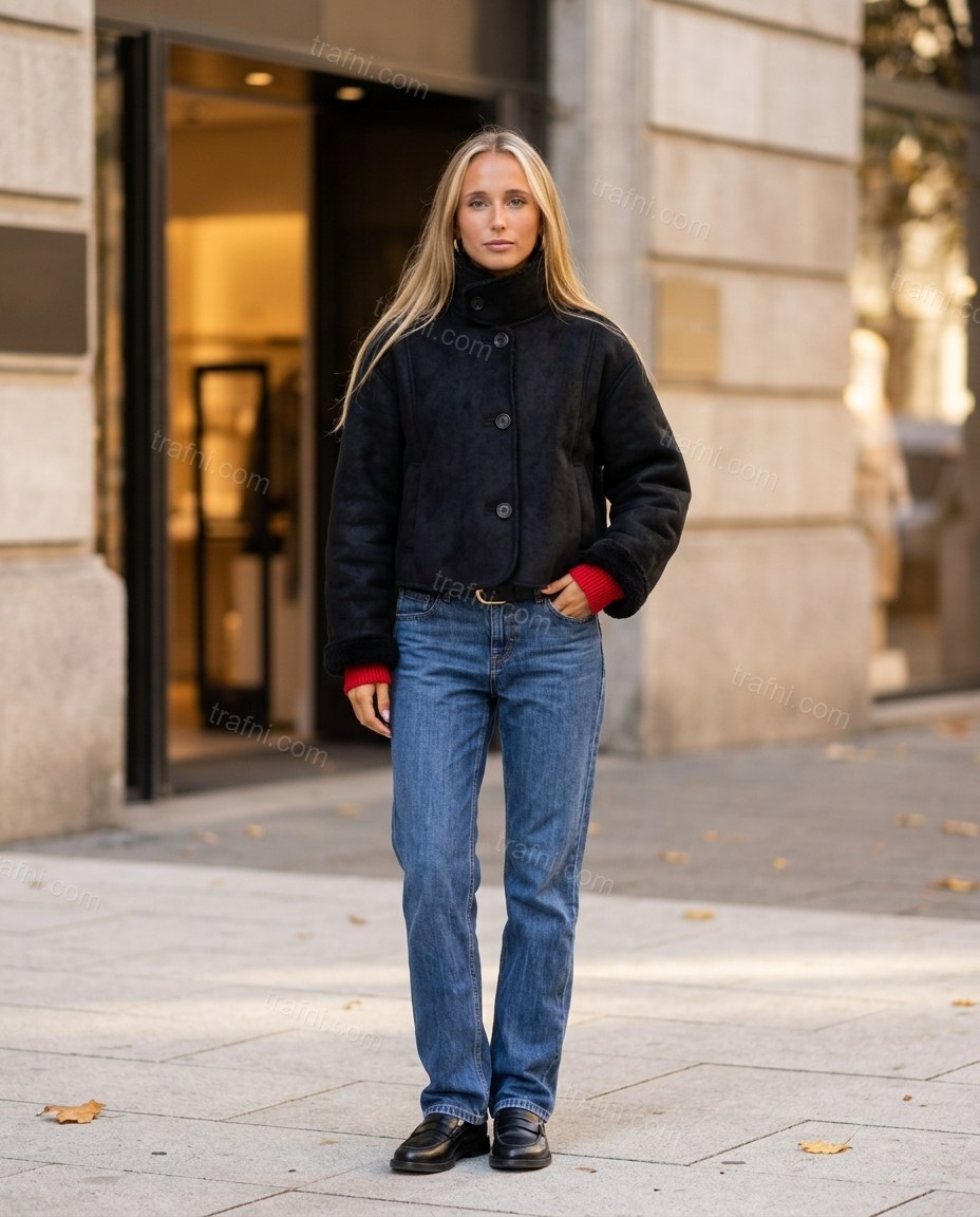 Black Jacket, three-quarter brand lifestyle view, by trafni.com