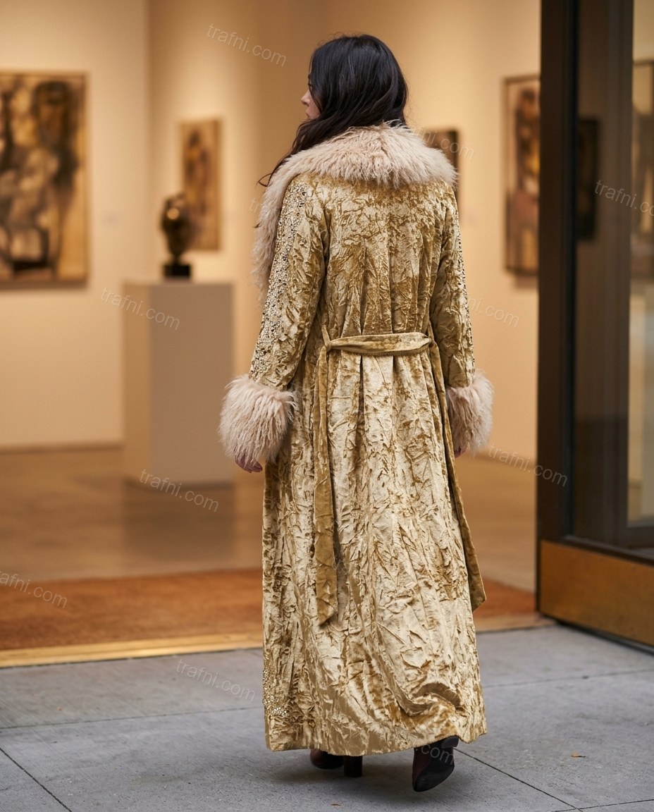 Gold Abstract Velvet Coat, movement and fit lifestyle view, by trafni.com