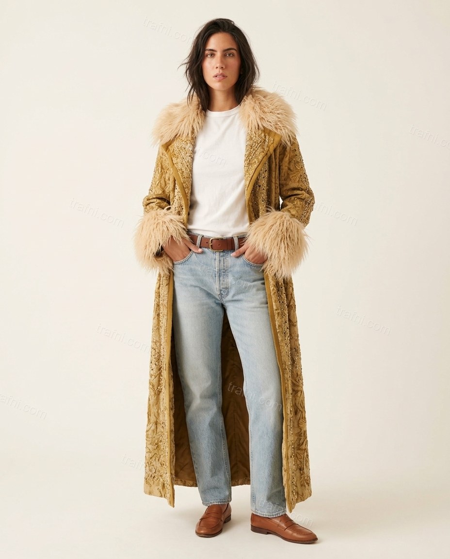 Gold Abstract Velvet Coat, front studio view, by trafni.com
