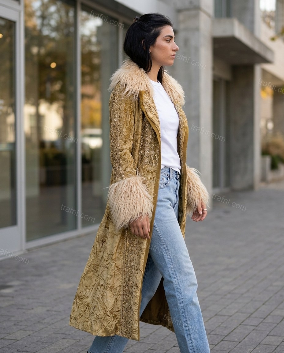 Gold Abstract Velvet Coat, walking lifestyle view, by trafni.com