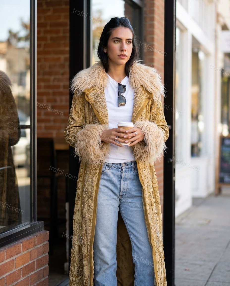 Gold Abstract Velvet Coat, alternate use-case lifestyle view, by trafni.com