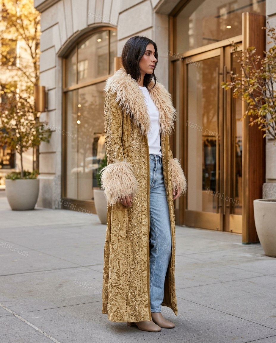 Gold Abstract Velvet Coat, three-quarter brand lifestyle view, by trafni.com