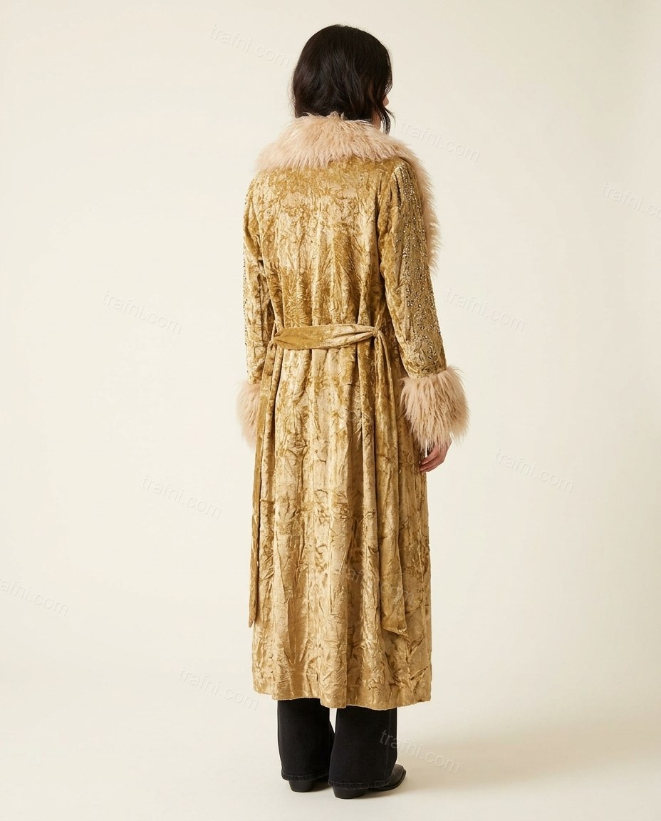 Gold Abstract Velvet Coat, back studio view showing visible back with fur trim and embellishments, by trafni.com