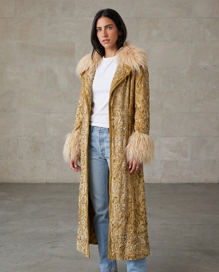 Gold Abstract Velvet Coat, full-length hero view, by trafni.com