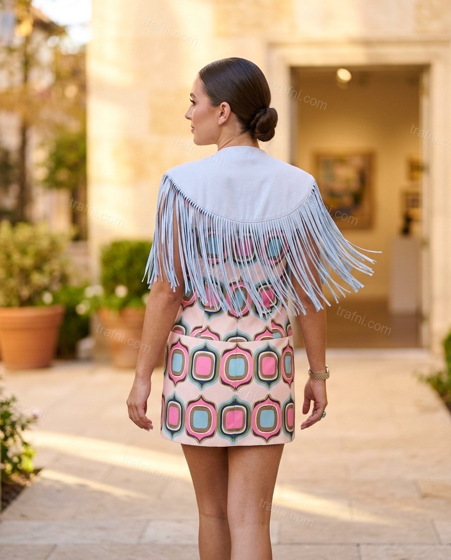 Pink Geometric Mini Fringe Dress, movement and fit lifestyle view, by trafni.com