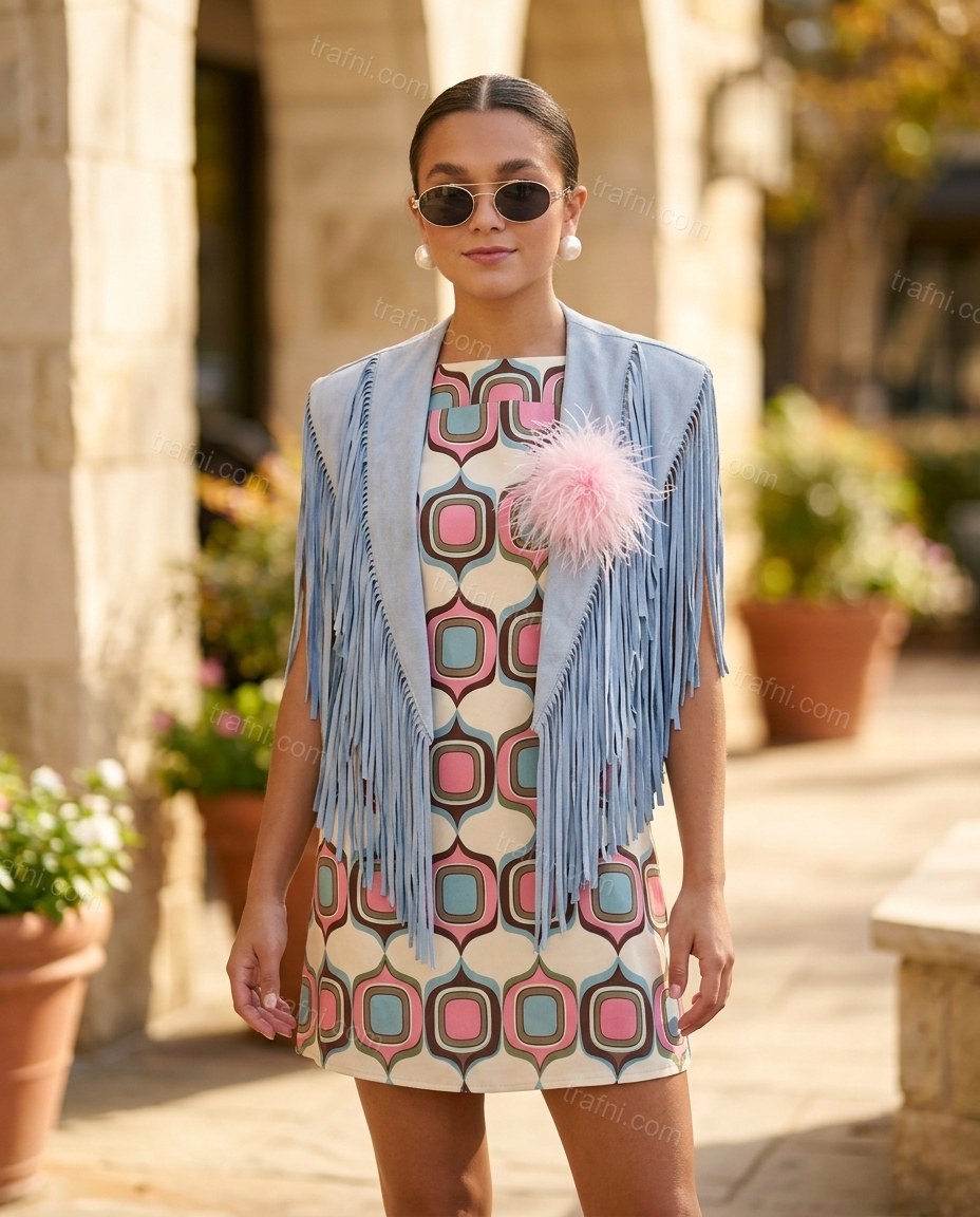 Pink Geometric Mini Fringe Dress, alternate use-case lifestyle view, by trafni.com