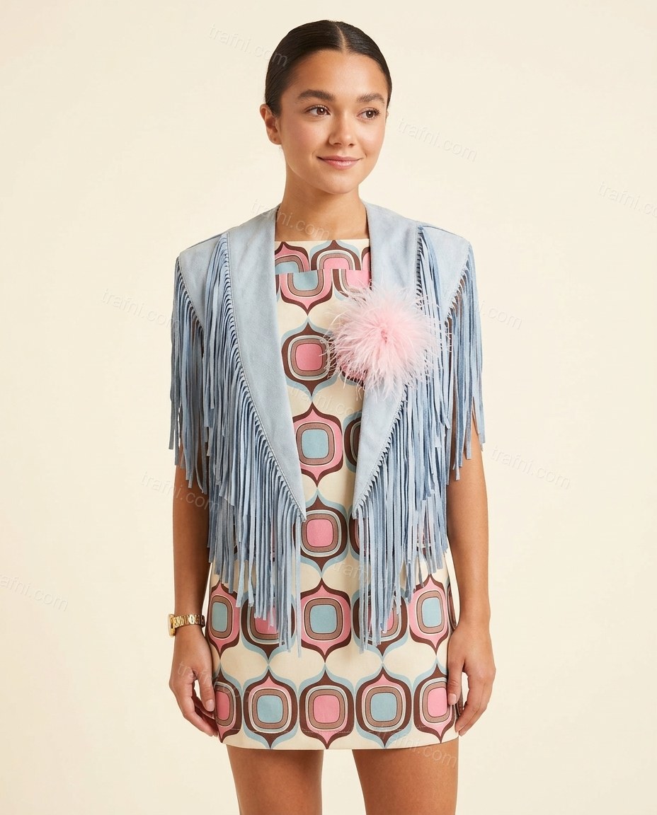 Pink Geometric Mini Fringe Dress, full-length hero view, by trafni.com