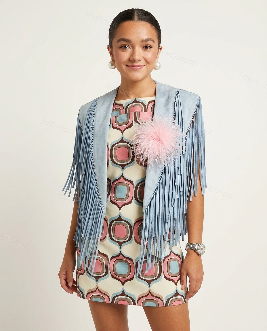 Pink Geometric Mini Fringe Dress, front studio view, by trafni.com