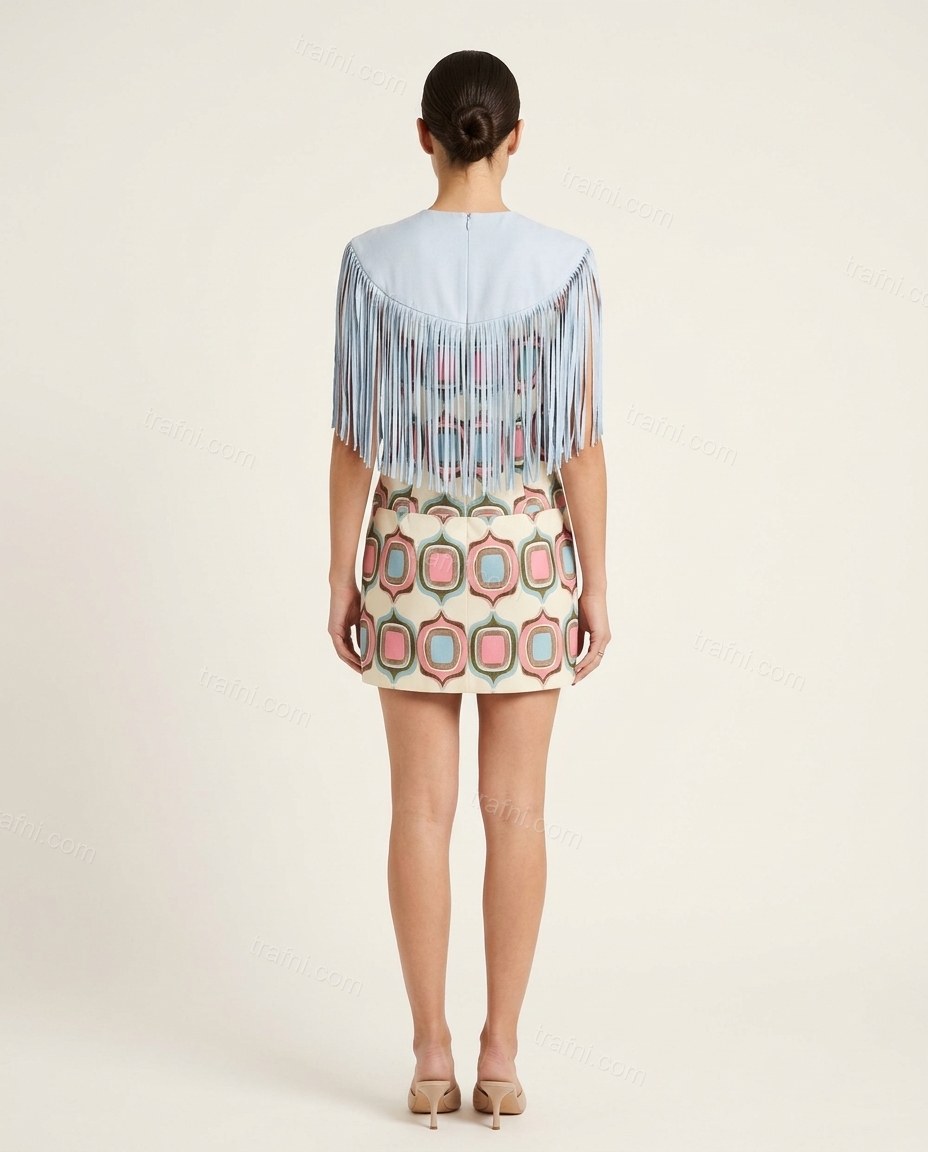 Pink Geometric Mini Fringe Dress, back studio view, by trafni.com