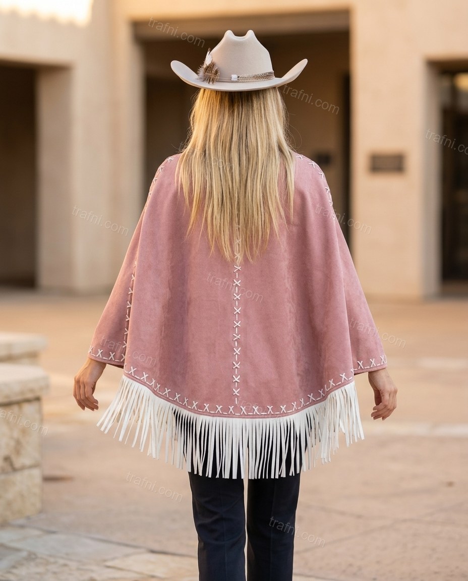 Dusty Pink Geometric Cape Fringe Blouse, alternate use-case lifestyle view, by trafni.com