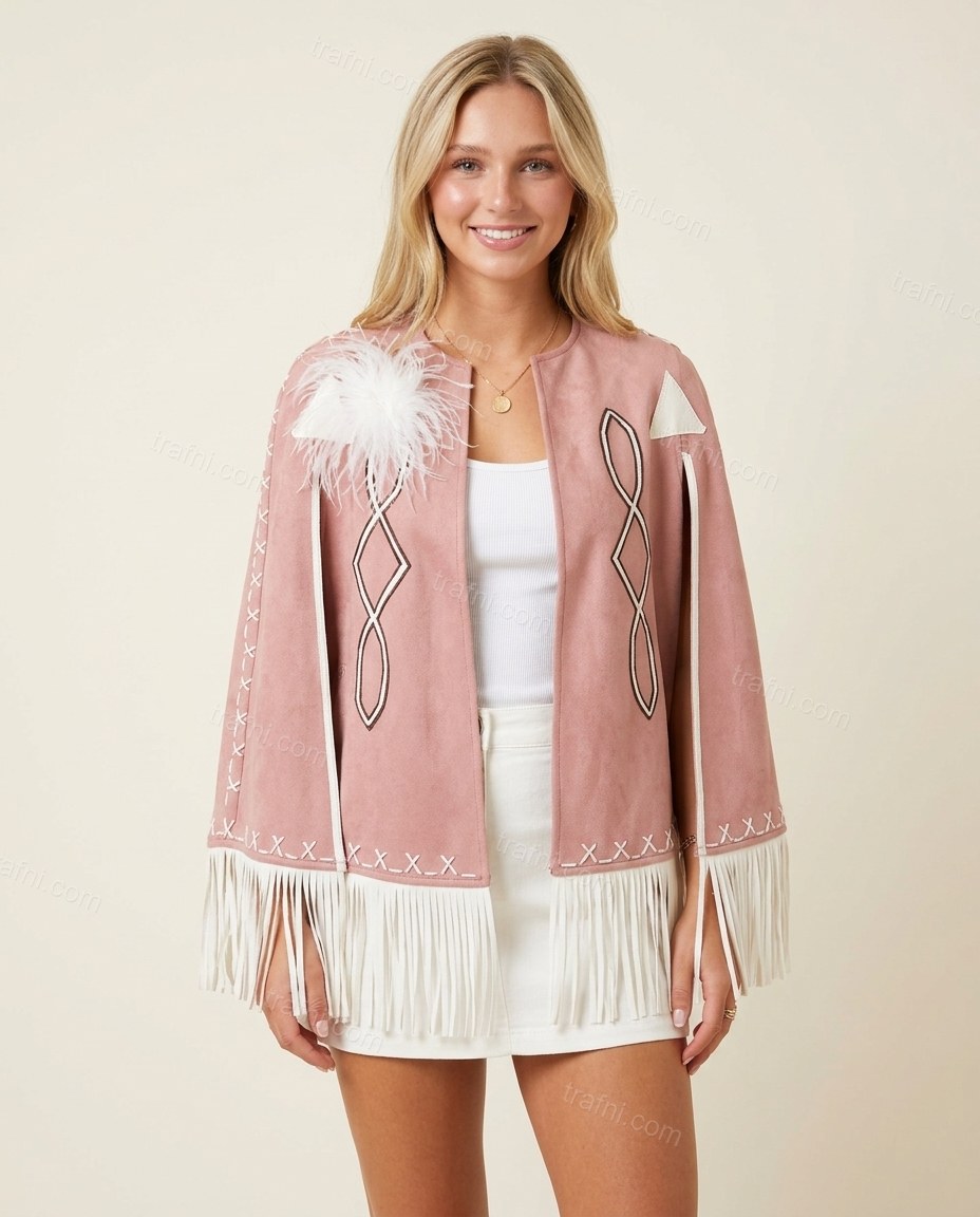 Dusty Pink Geometric Cape Fringe Blouse, full-length hero view, by trafni.com