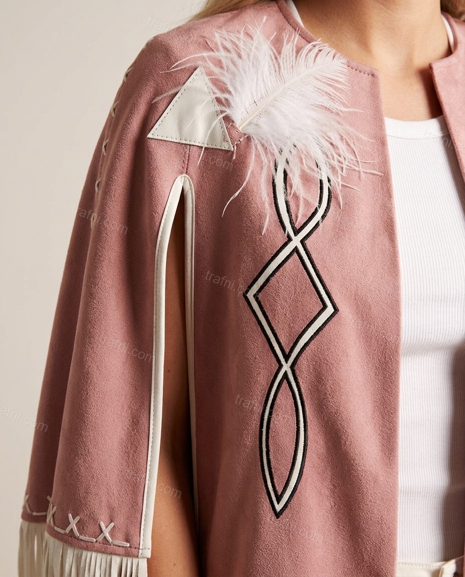 Dusty Pink Geometric Cape Fringe Blouse, close-up of geometric, by trafni.com