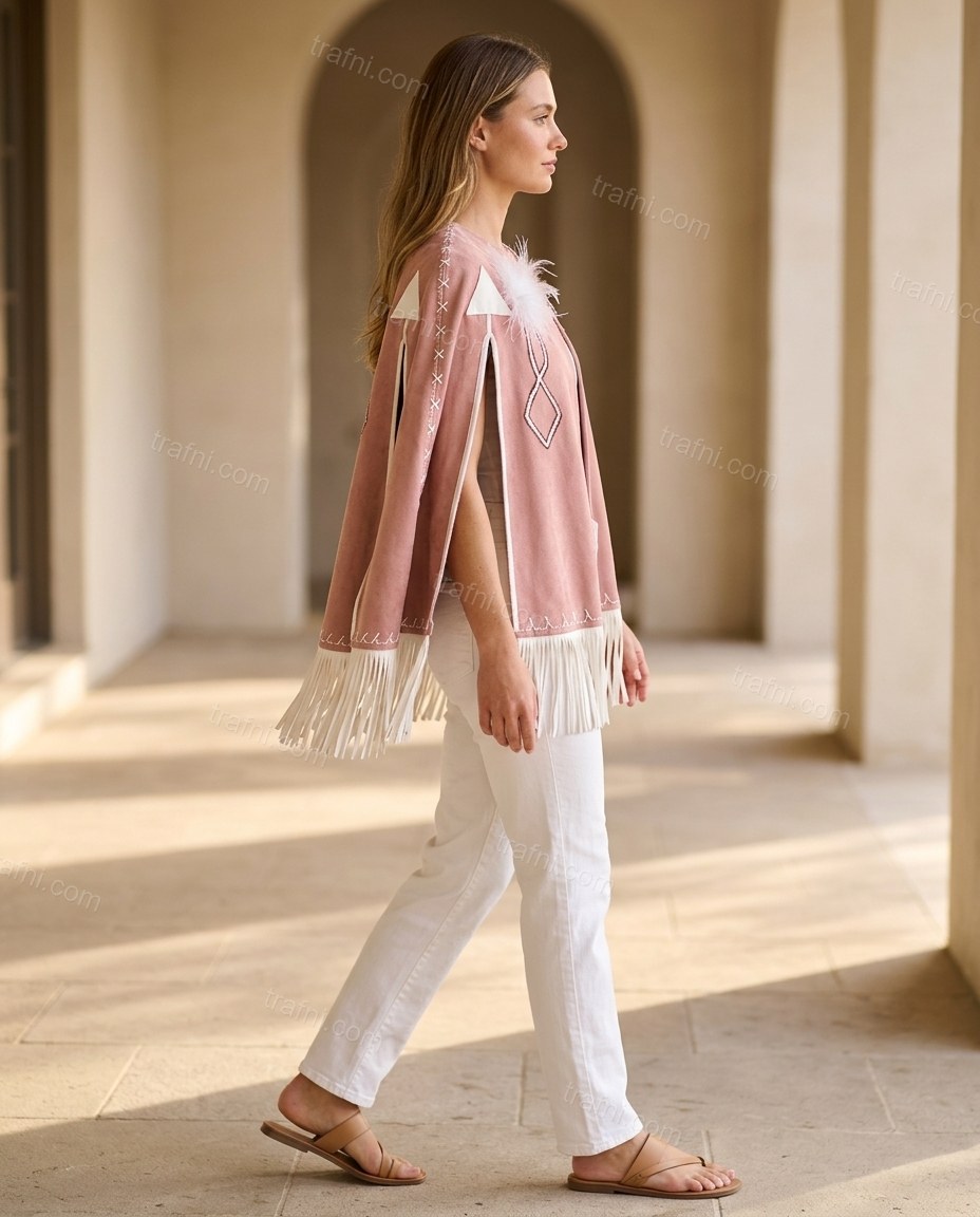 Dusty Pink Geometric Cape Fringe Blouse, movement and fit lifestyle view, by trafni.com