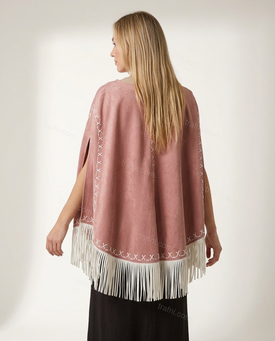 Dusty Pink Geometric Cape Fringe Blouse, back studio view showing no visible back details, by trafni.com
