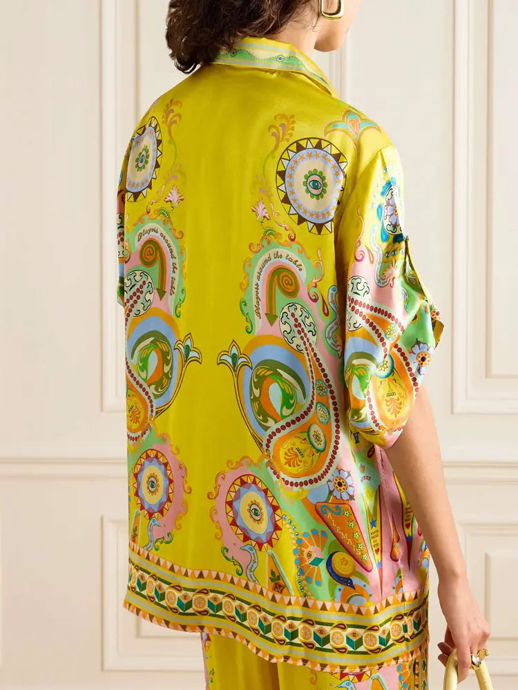 Sophisticated Satin Unique Cashew FlowPrint Button Oversized Pants Set-CALLISTARI