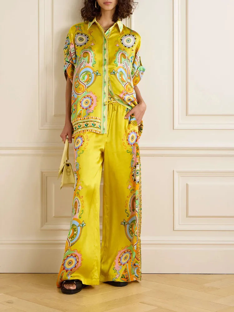 Sophisticated Satin Unique Cashew FlowPrint Button Oversized Pants Set-CALLISTARI