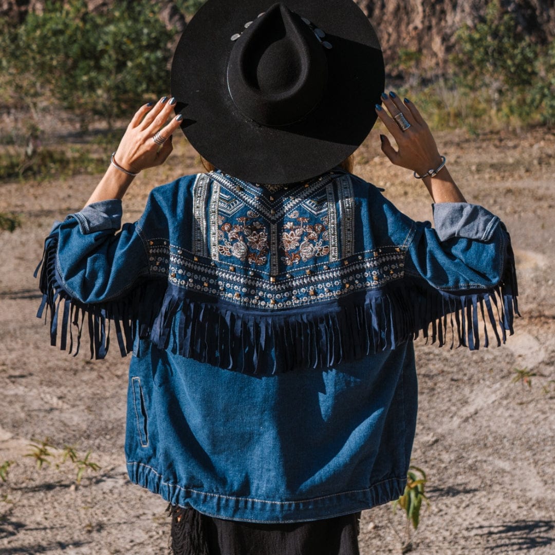 Floral Embroidered Denim Jacket-CALLISTARI