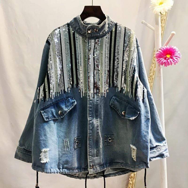 wickedafstore Sequins Embroidered Denim Jacket