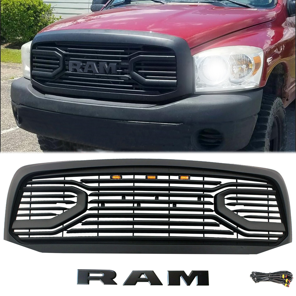 Matte Black Front Grille For 2006-2008 Dodge RAM 1500 Grill Big Horn Style Mesh with LED Light