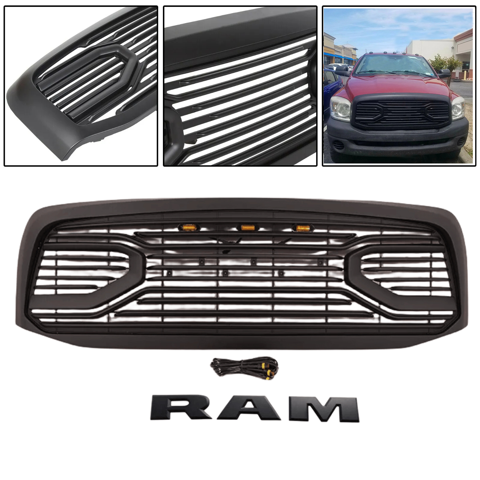 Matte Black Front Grille For 2006-2008 Dodge RAM 1500 Grill Big Horn Style Mesh with LED Light