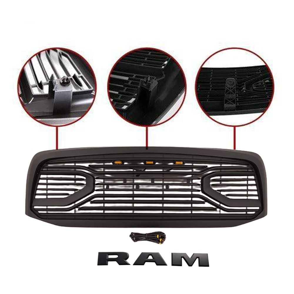 Matte Black Front Grille For 2006-2008 Dodge RAM 1500 Grill Big Horn Style Mesh with LED Light