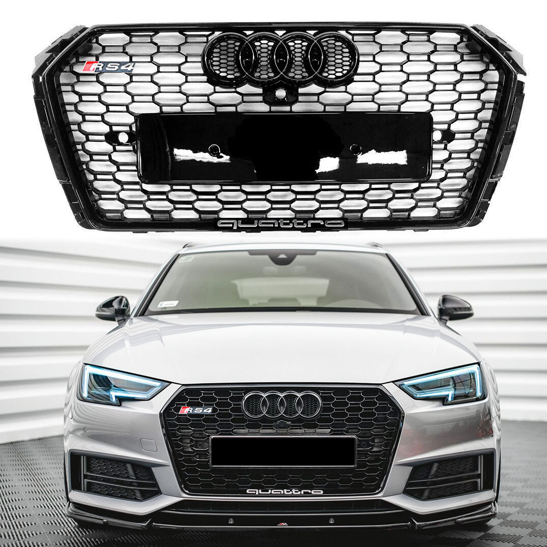 For 2016-2019 Audi A4 S4 B9 Honeycomb Grill Front Radiator Bumper Grille Gloss Black