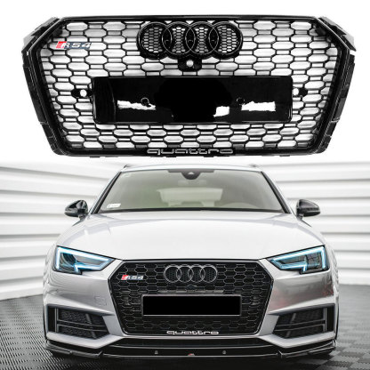 For 2016-2019 Audi A4 S4 B9 Honeycomb Grill Front Radiator Bumper Grille Gloss Black