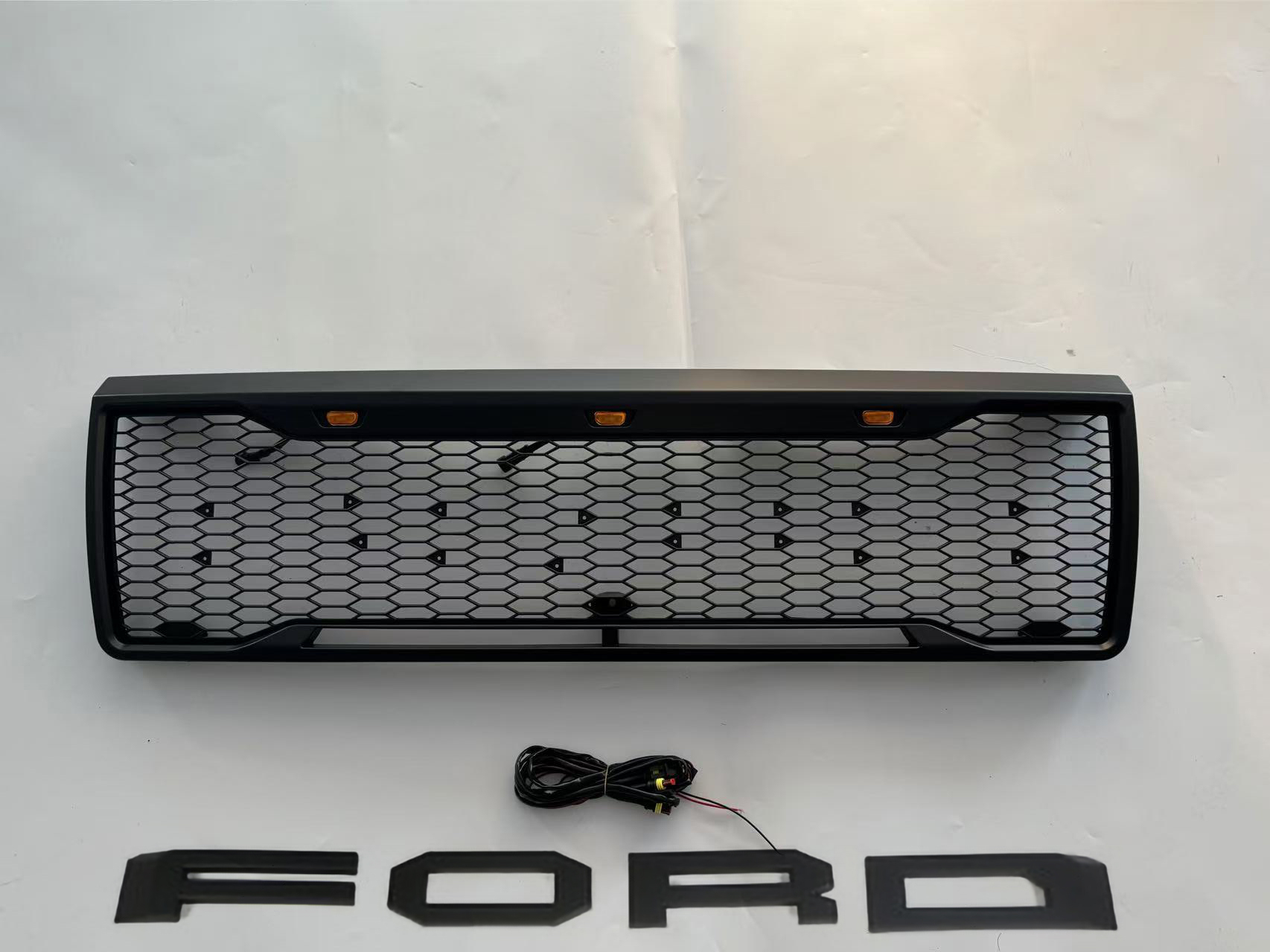 For 1992-1996 Ford F150 / Bronco Grill Raptor Style Front Grille With LED Light & Letters Matte Black