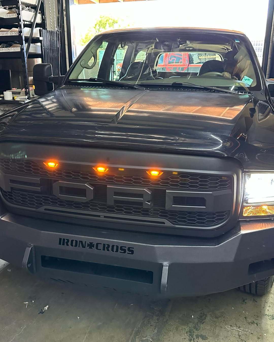For 1999-2004 Ford F250 F350 Super Duty Grill Raptor Style Front Grille with Light and Letter Matte Black