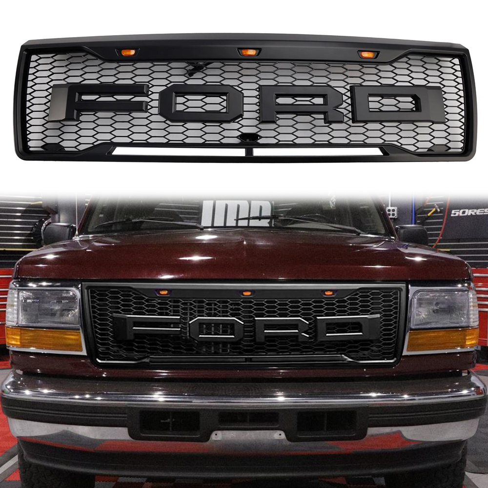 For 1992-1996 Ford F150 / Bronco Grill Raptor Style Front Grille With LED Light & Letters Matte Black