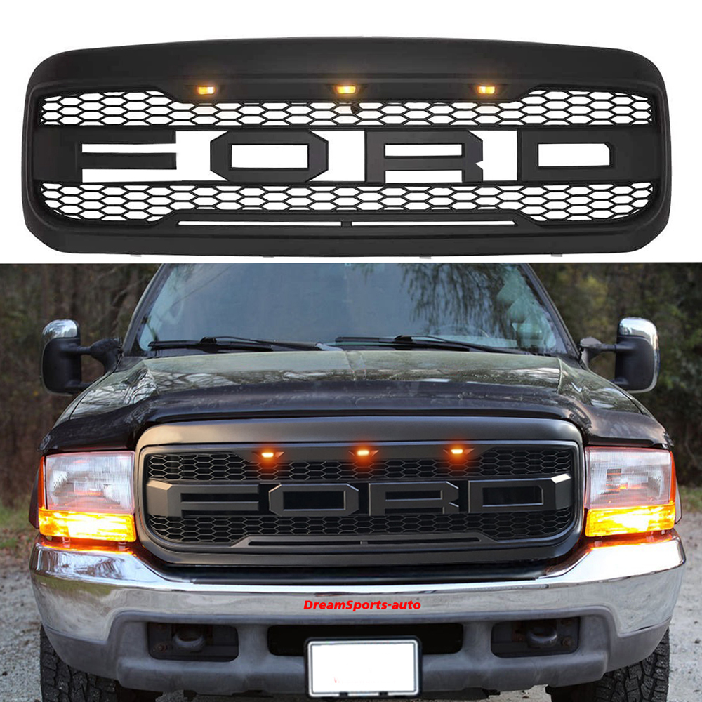 For 1999-2004 Ford F250 F350 Super Duty Grill Raptor Style Front Grille with Light & Letter Matte Black