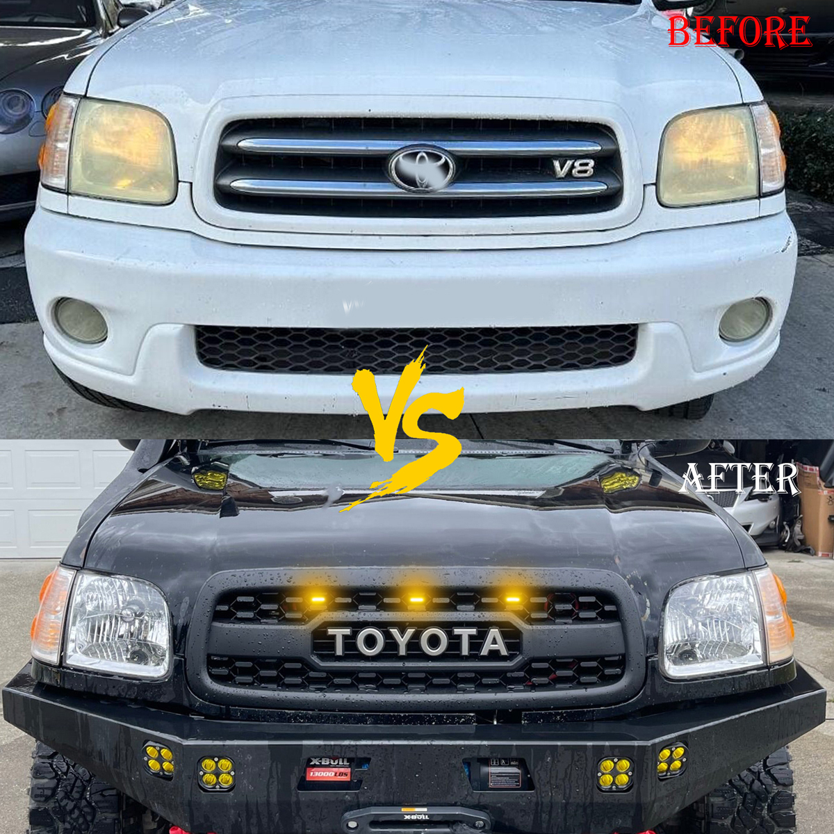 For 2001-2004 Toyota Sequoia Grill Front Grille With LED Lights & Letters Matte Black