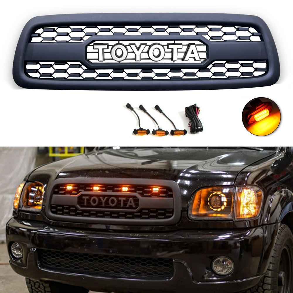 For 2001-2004 Toyota Sequoia Grill Front Grille With LED Lights & Letters Matte Black