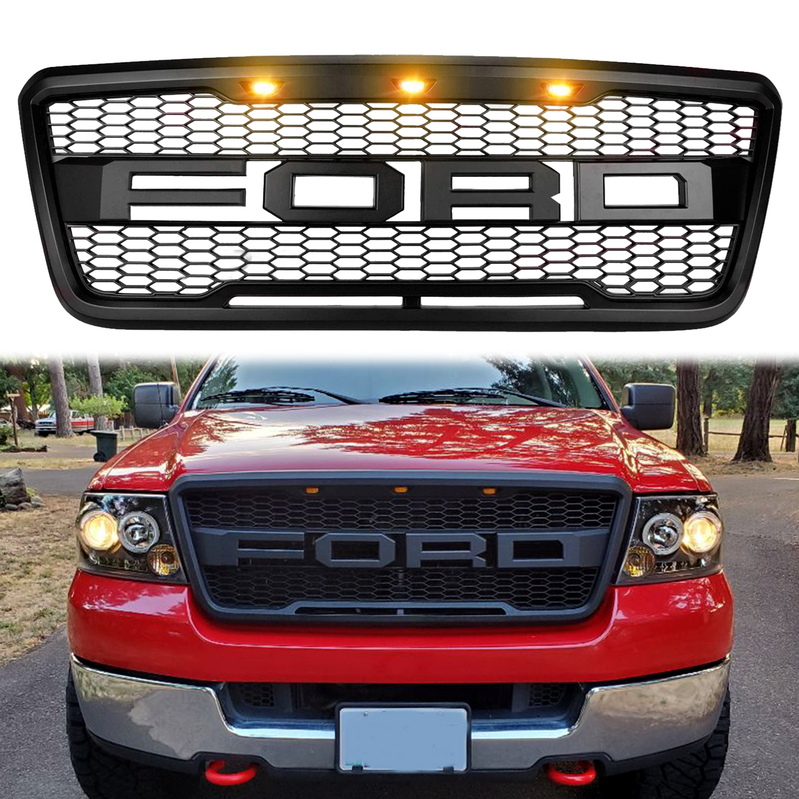 Raptor Style Grill for 2004-2008 Ford F-150 F150 Upper Grille Hood Mesh Black w/Letters