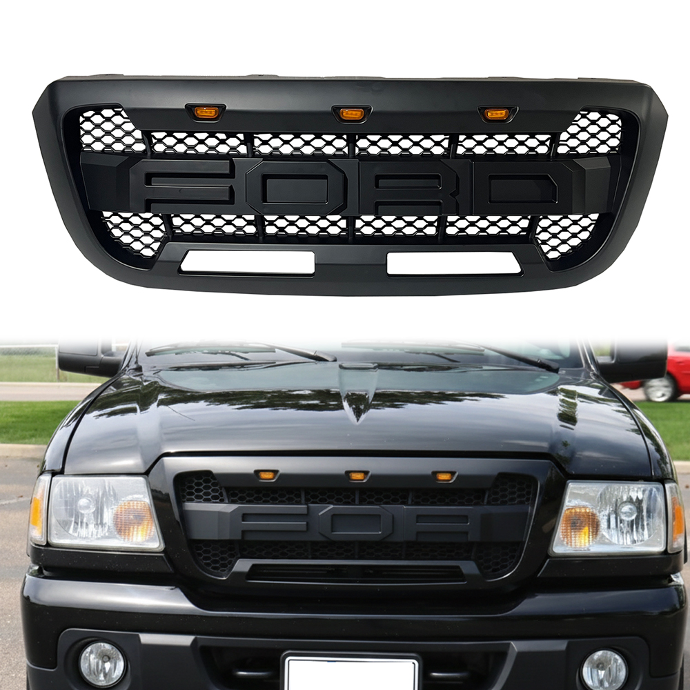 For 2004-2011 Ford Ranger Raptor Style Grill Front Bumper Matte Black Grille W/ LED Light