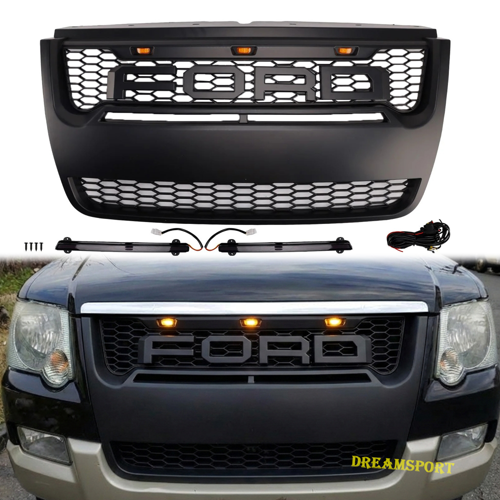 For 2006-2010 Ford Explorer Grill Matte Black Front Grille with LED Light & Letters