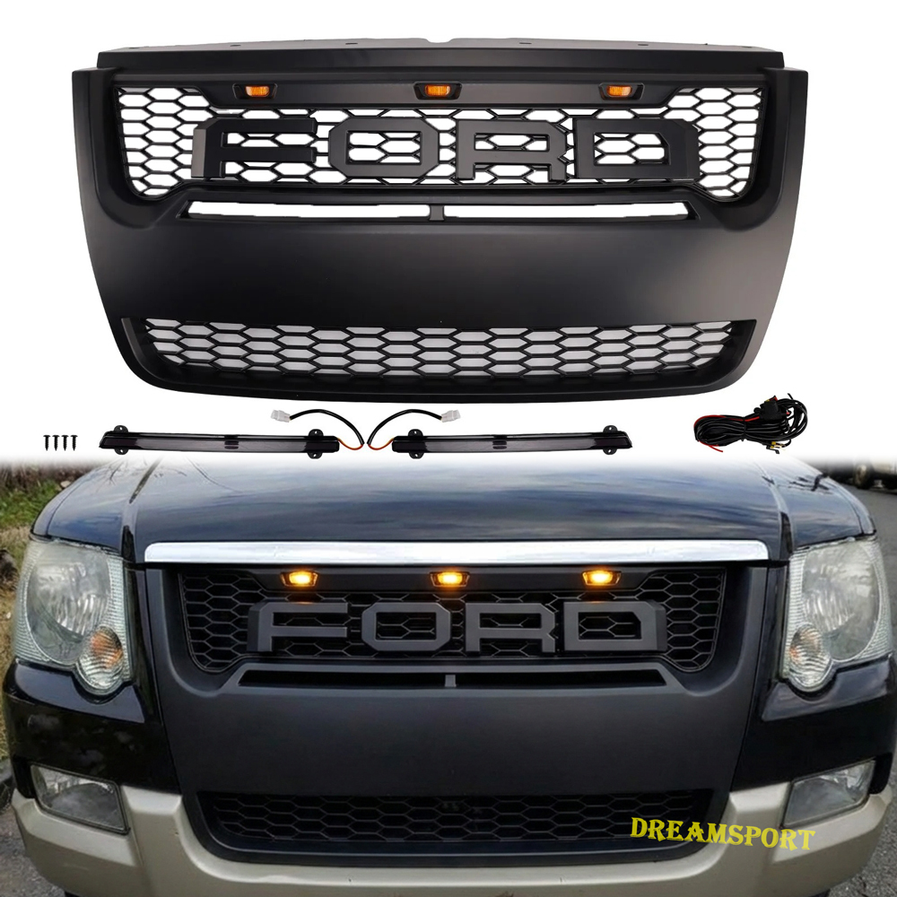 For 2006-2010 Ford Explorer Grill Matte Black Front Grille with LED Light & Letters