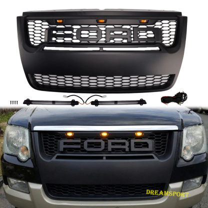 For 2006-2010 Ford Explorer Grill Matte Black Front Grille with LED Light & Letters
