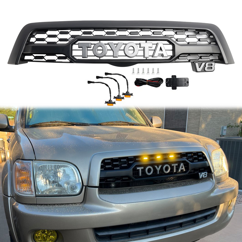 For 2005-2007 Toyota Sequoia Grill Matte Balck Front Grille Mesh with LED Light & Letters