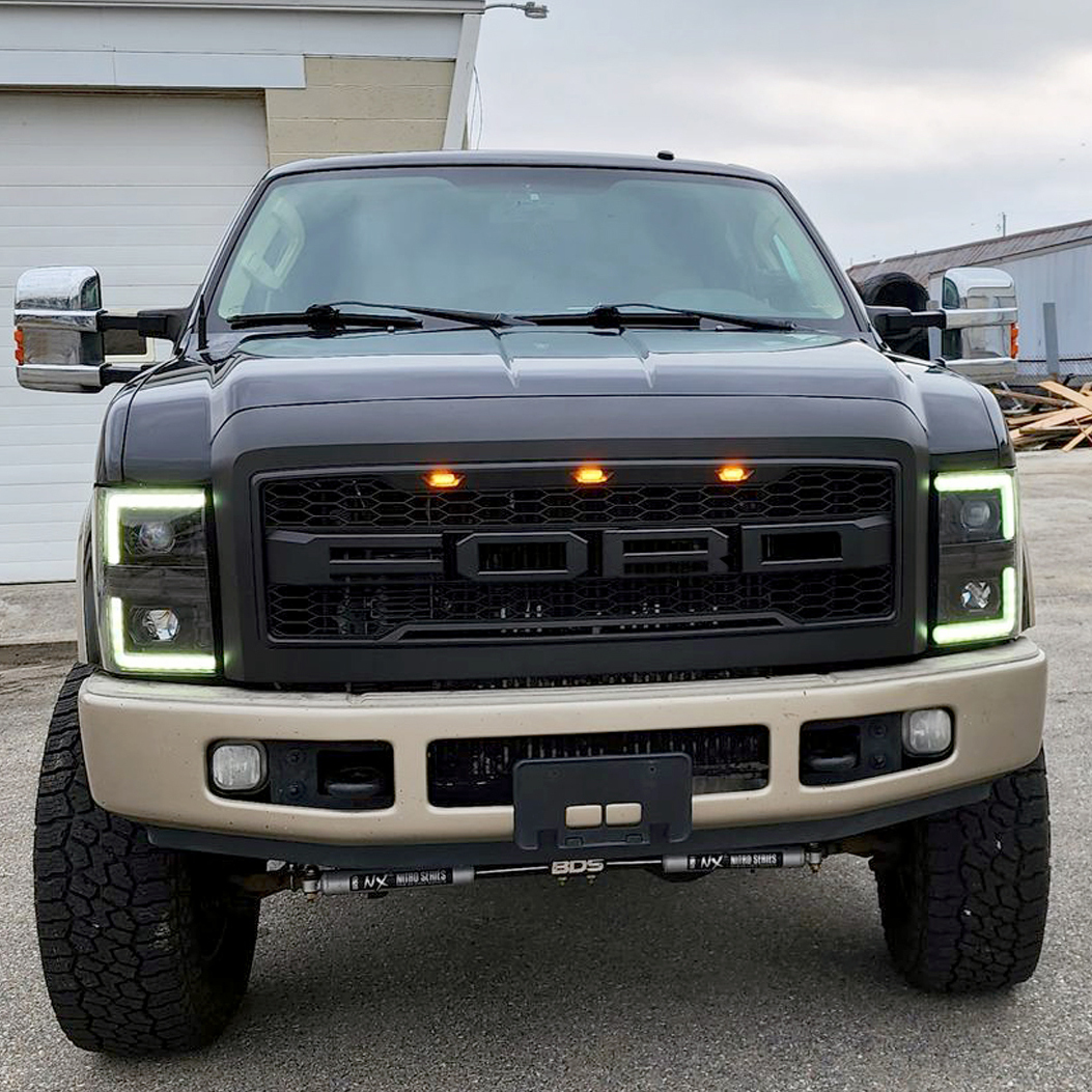 For 2008-2010 Ford F250 F350 Super Duty Grill Raptor Style Front Grille W/ Light & Letter Matte Black