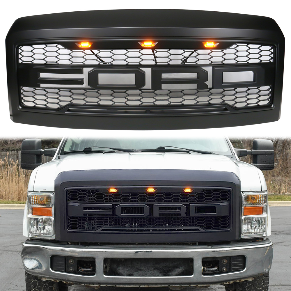 For 2008-2010 Ford F250 F350 Super Duty Grill Raptor Style Front Grille W/ Light & Letter Matte Black