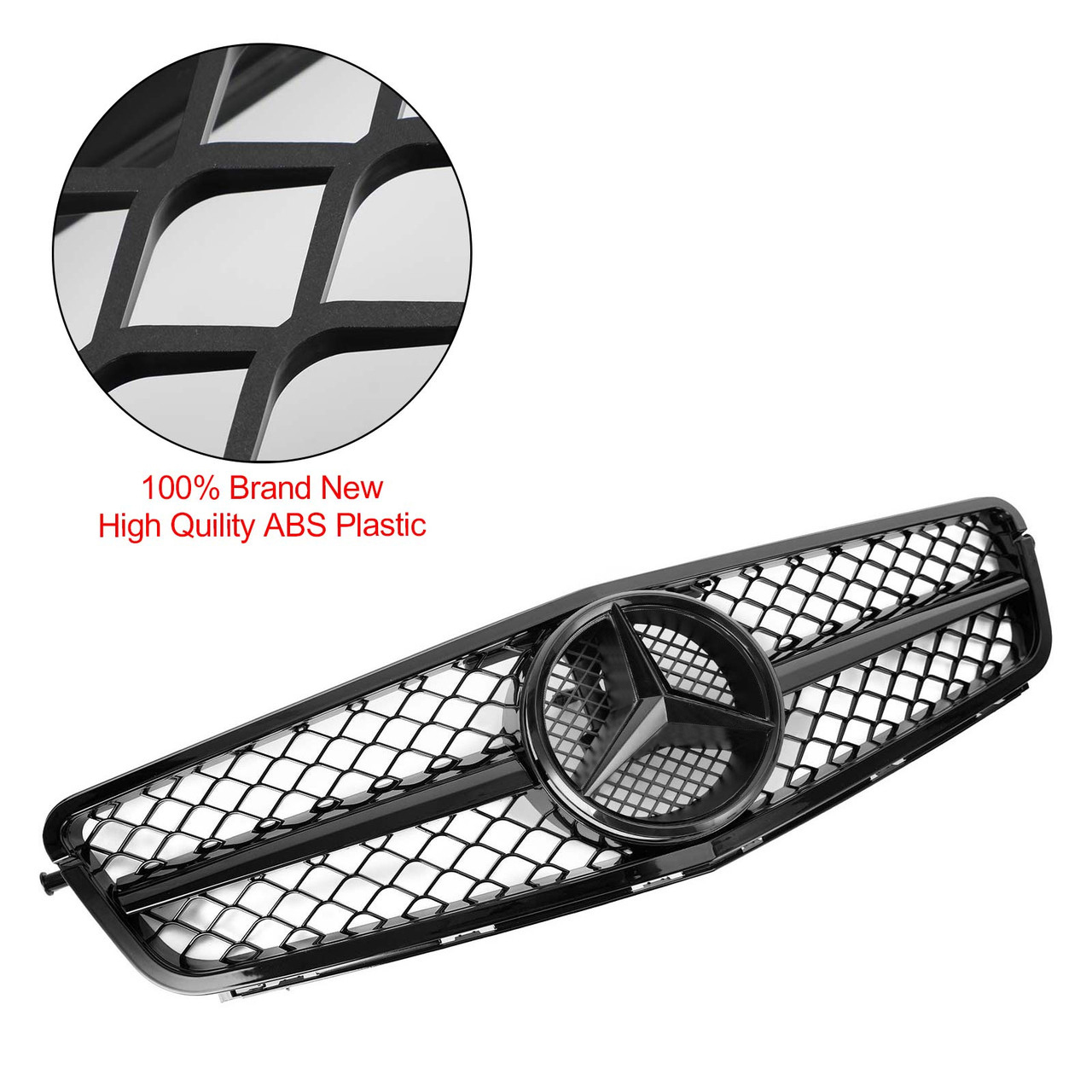  For 2008-2013 Mercedes Benz W204 C-Class C200 C250 C300 C350 Grill Glossy Black Front Grille with Emblem