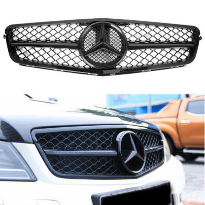  For 2008-2013 Mercedes Benz W204 C-Class C200 C250 C300 C350 Grill Glossy Black Front Grille with Emblem